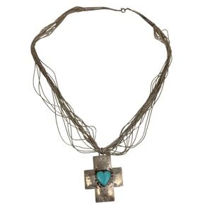 Vintage‎ Sterling Liquid Silver Heishi Bead Necklace Turquoise Heart Cross 32g